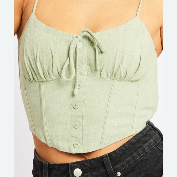 Ally Tops - Ally Green Cami Crop Top Corset Linen casual chic coquette cottagecore milkmaid